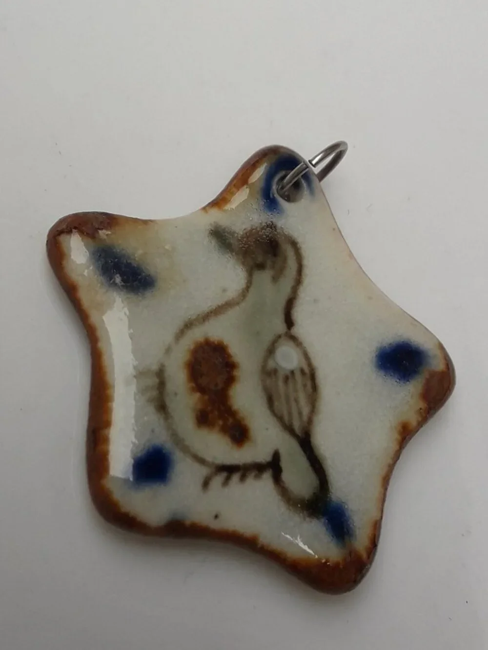Vintage Pendant Bird Art Glazed Pottery Clay Tiny Star Hand Made - Picture 3 of 9
